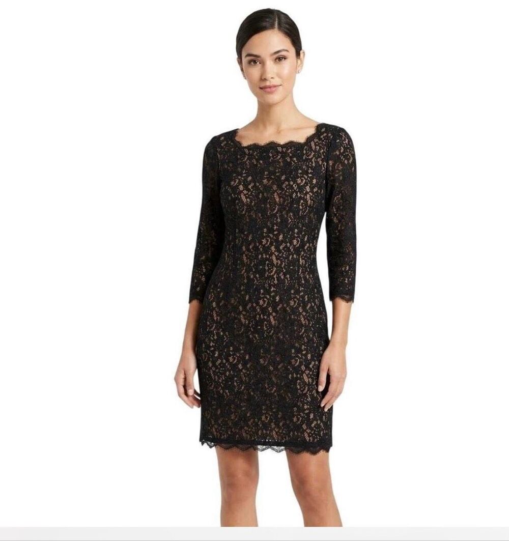 Adrianna Papell Black Lace Nude Lining Back Sheath Dress Size 4